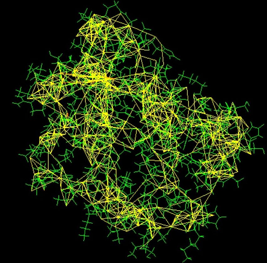 Darstellung eines Daten-Sets, dass aus NMR-Spektroskopie gewonnen wurde. Einige der Einschränkungen, die hier bei der Strukturlösung von Hemoglobin sind hier in gelb dargetsellt, das Protein in grün. (PDB: 1vre und 1vrf). Bild von PDB101.rcsb.org.
